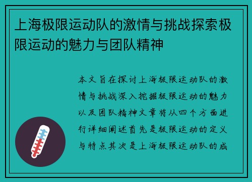 上海极限运动队的激情与挑战探索极限运动的魅力与团队精神